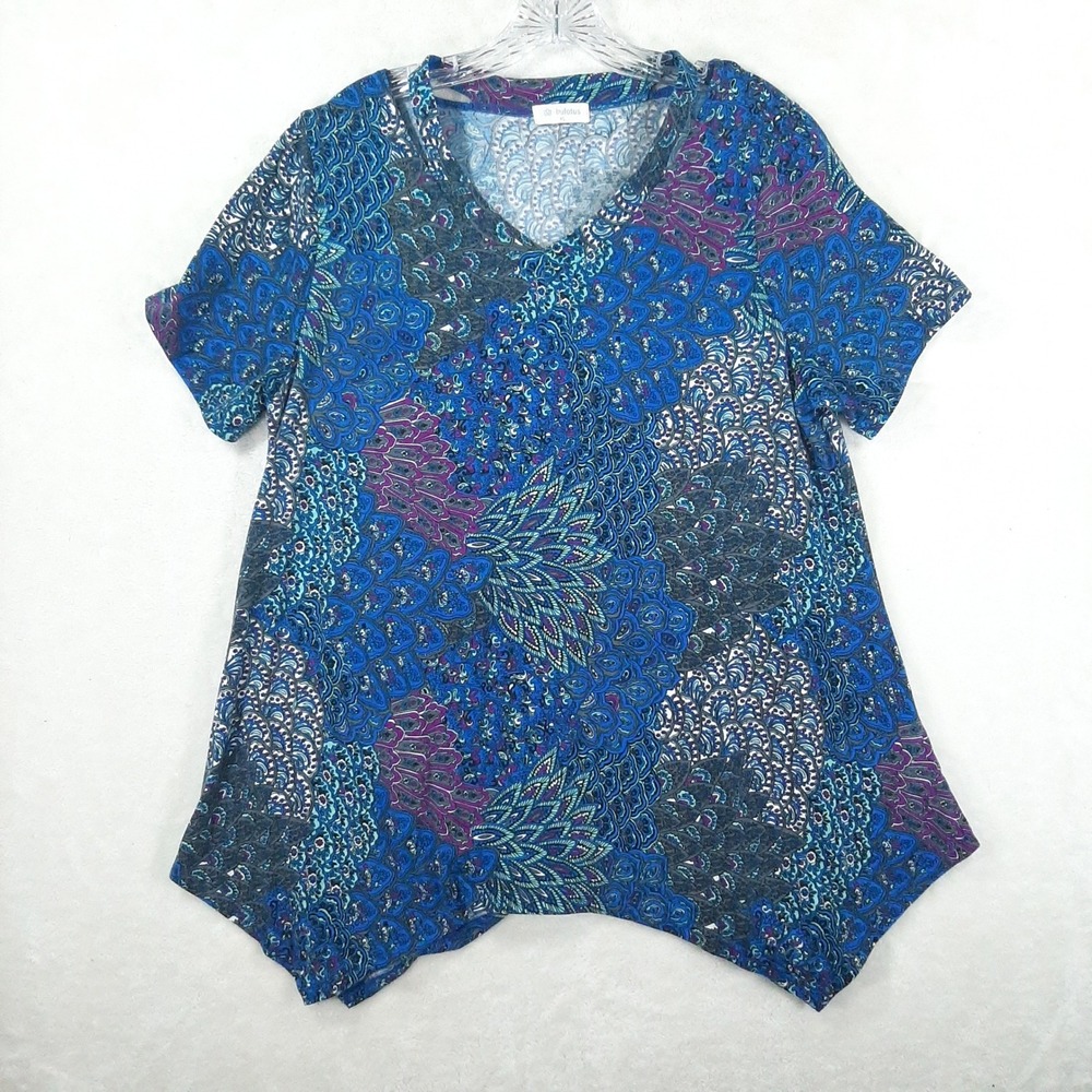 Bulotus Womens XL Blue Peacock Paisley Handkerchief Hem V-Neck Tunic Top‎ Blouse